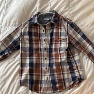 Outerknown Men's Casual Plaid Shirt - Navy, Brown, and White